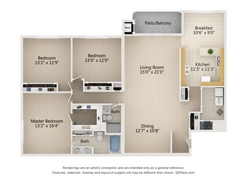 3 Bedroom 2 Bath 1,825 Sq. Ft. Type A Floor Plan at Atrium in The Village, Ohio
